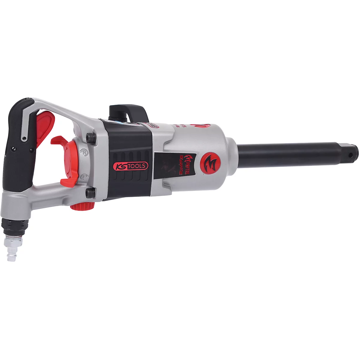 Schlagschrauber in Grau, Schwarz und Rot. Blick auf das Werkzeug von der Seite.